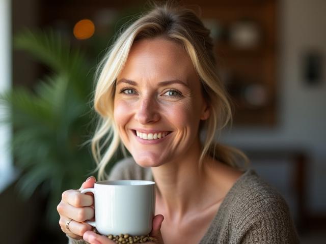 Friendly and approachable photo of Betty Louise Gossler looking directly at the camera with a warm smile, perhaps holding a coffee cup or green coffee beans.