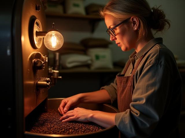 Candid photo of Betty Louise Gossler intently operating a small-batch coffee roaster, illuminated by warm light.