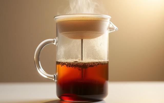 A glass French Press filled with brewing coffee, showing the plunger just above the grounds.