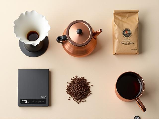 Artisanal coffee brewing equipment laid out: a V60 brewer, Chemex, scale, gooseneck kettle, and freshly roasted Betty Louise Gossler coffee beans.