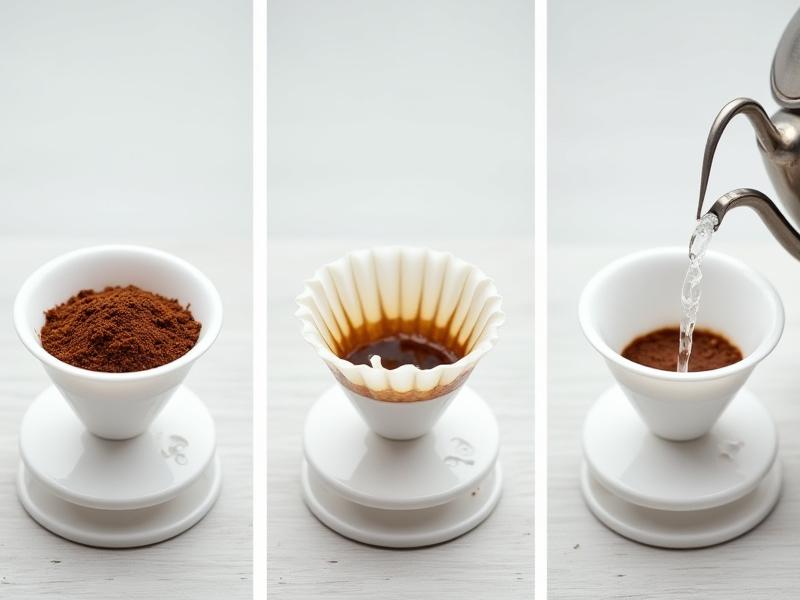 Close-up composite shot showing three stages of V60 pour over brewing: dry grounds, blooming, and final circular pour.