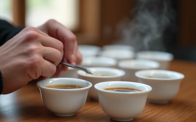 A hands-on scene of cupping; brewed coffee samples in ceramic bowls with a roaster using a cupping spoon to taste.