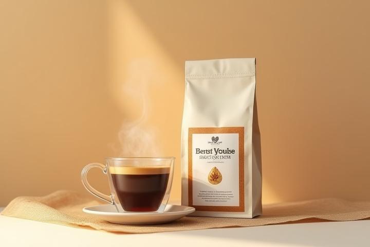 A beautifully designed bag of Betty Louise Gossler light roast coffee next to a steaming pour-over cup.