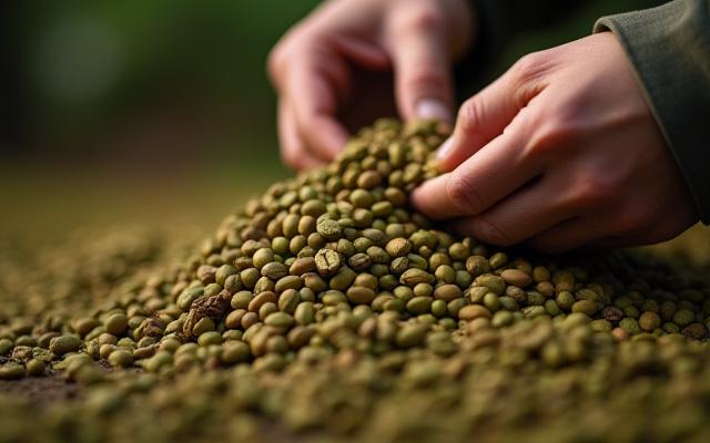 Close-up view of hands examining green unroasted coffee beans, perhaps using a moisture meter.