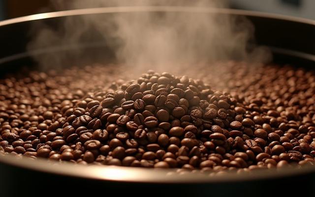 Roasted coffee beans being rapidly cooled in a cooling tray with agitators, steam visibly rising.