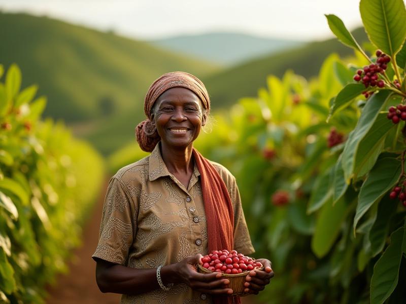 Sidama coffee farmer smiling amidst coffee plants in Ethiopia.