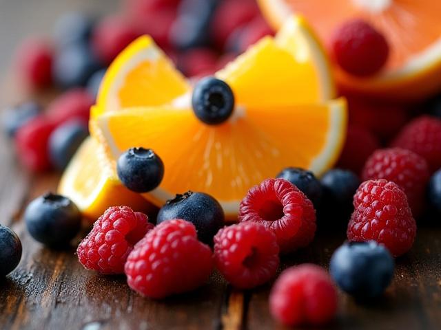 A close-up of vibrant red berries and citrus fruits, suggesting bright and fruity coffee notes.