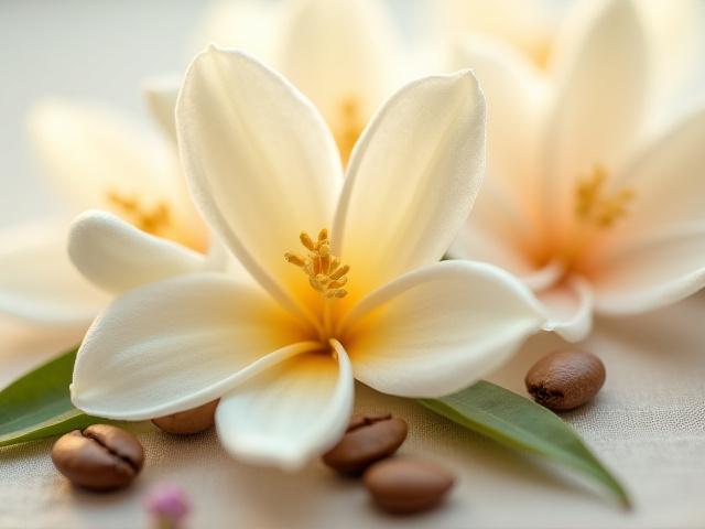 Delicate jasmine flowers and exotic orchids alongside coffee beans, signifying floral and complex flavor profiles.